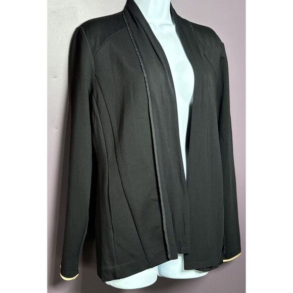 H Halston Open Front Blazer Jacket Women’s Size Medium Black Ivory Trim Office - Picture 2 of 10